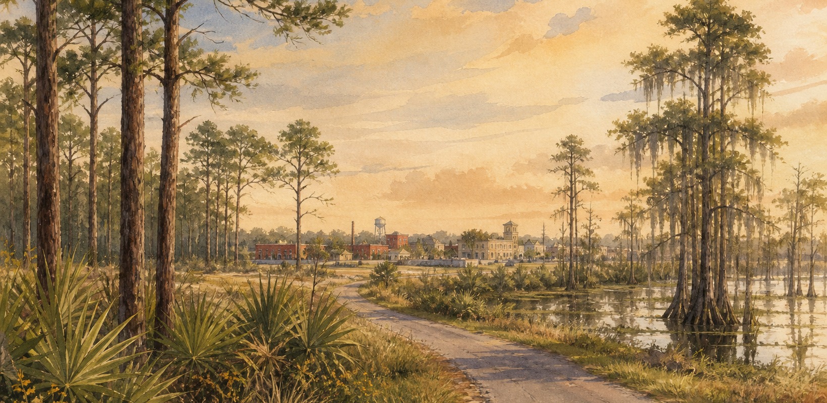 Longleaf pine forest near Olustee with a quiet Baker County road