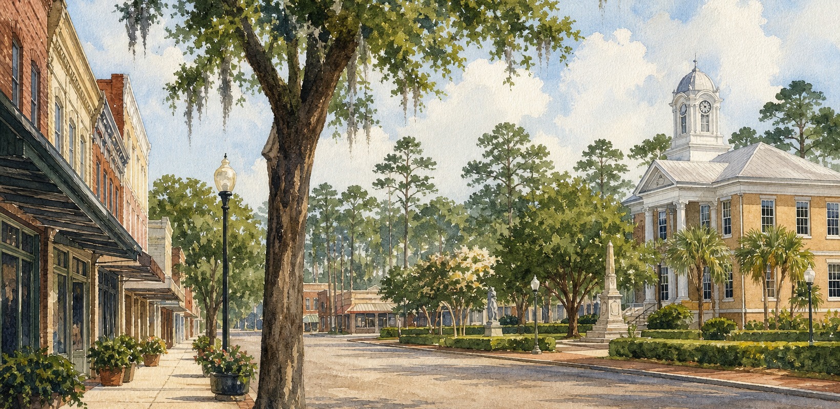 Historic Starke streetscape and Bradford County courthouse setting
