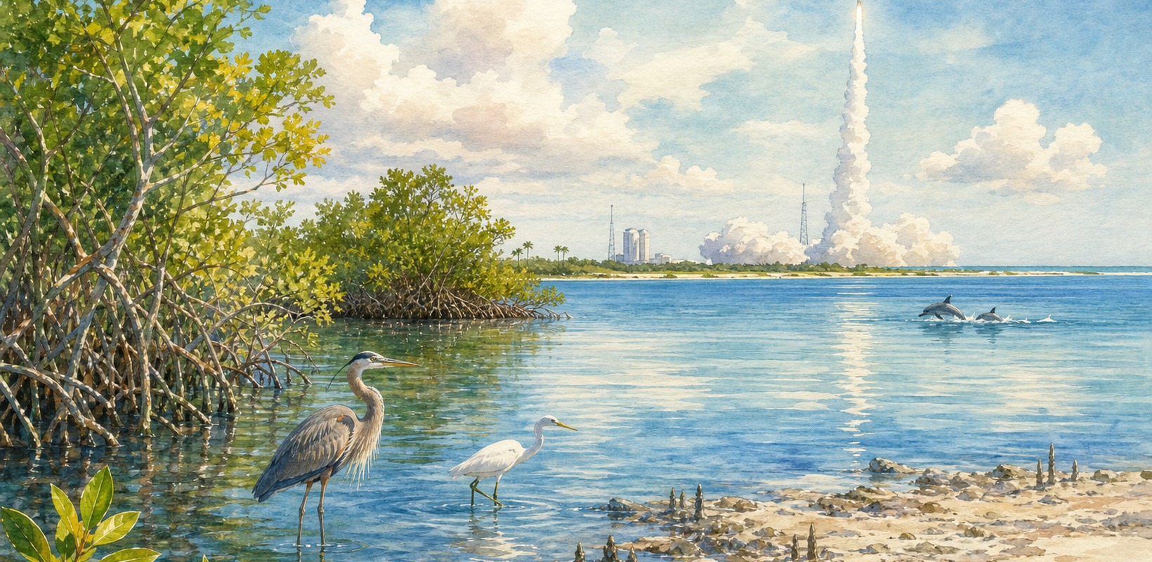 Rocket launch over the Indian River Lagoon and Brevard shoreline