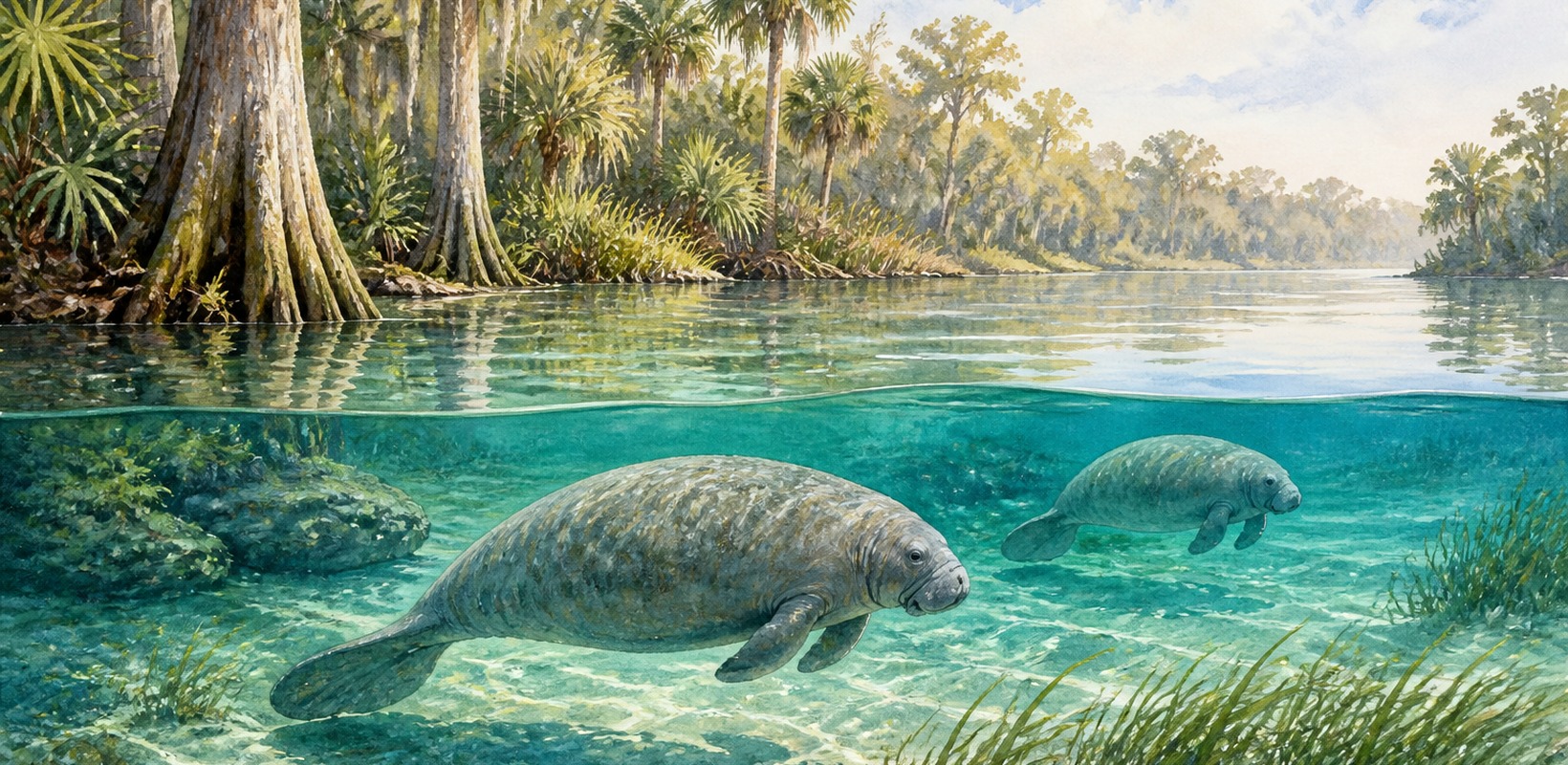 Manatees in the clear spring water of Kings Bay