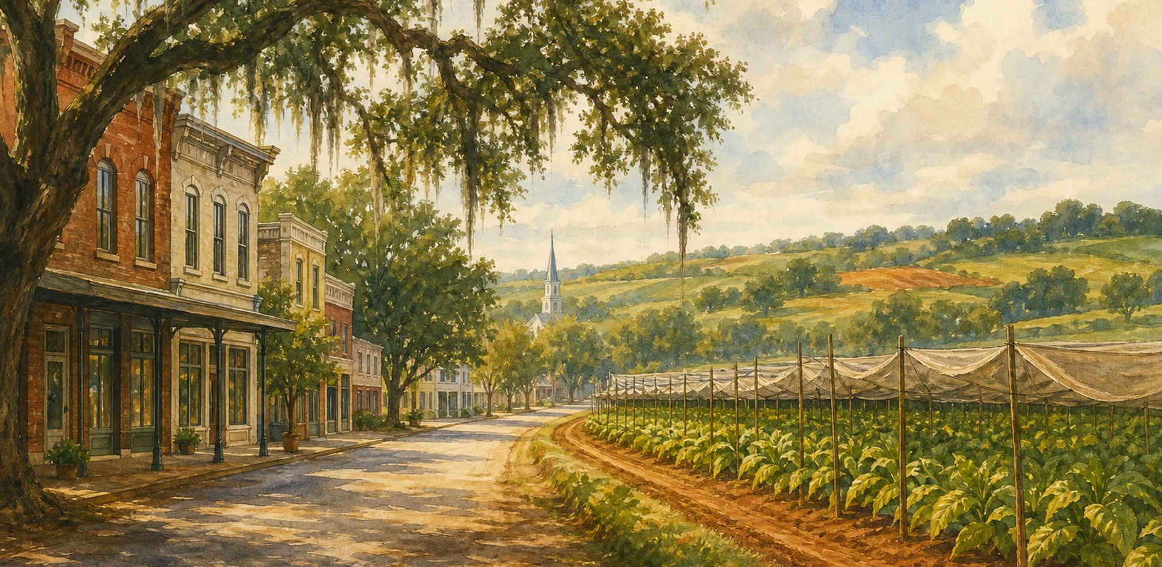 Historic Quincy with a shade-tobacco field
