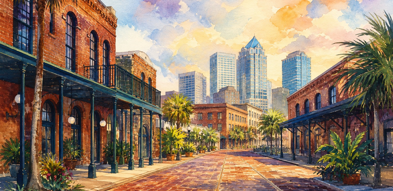 Ybor City brick streets with Tampa skyline