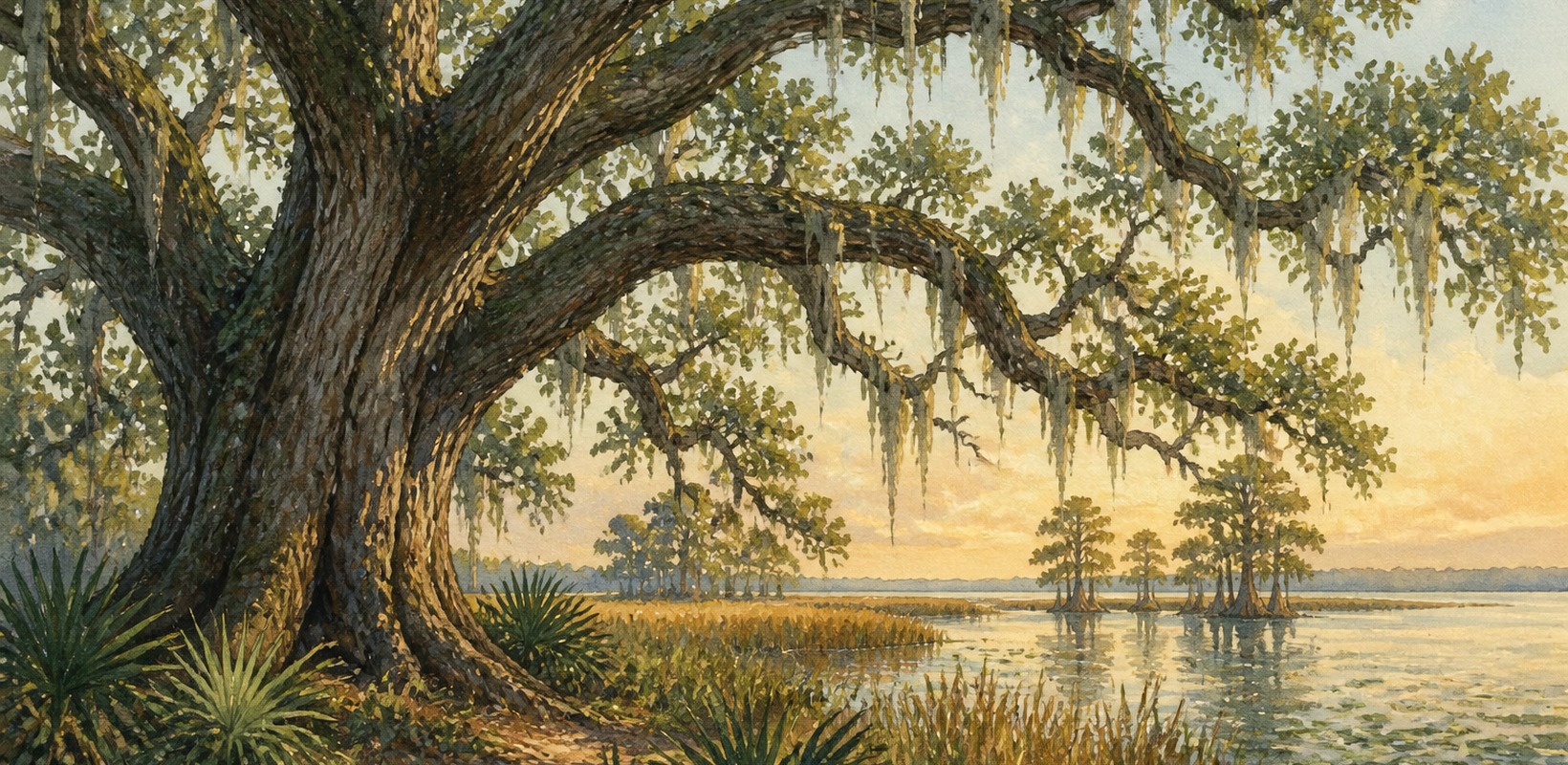 Ancient live oak beside Lake Griffin marsh