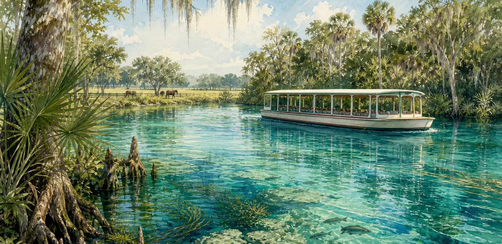 Glass-bottom boat on the clear water of Silver Springs