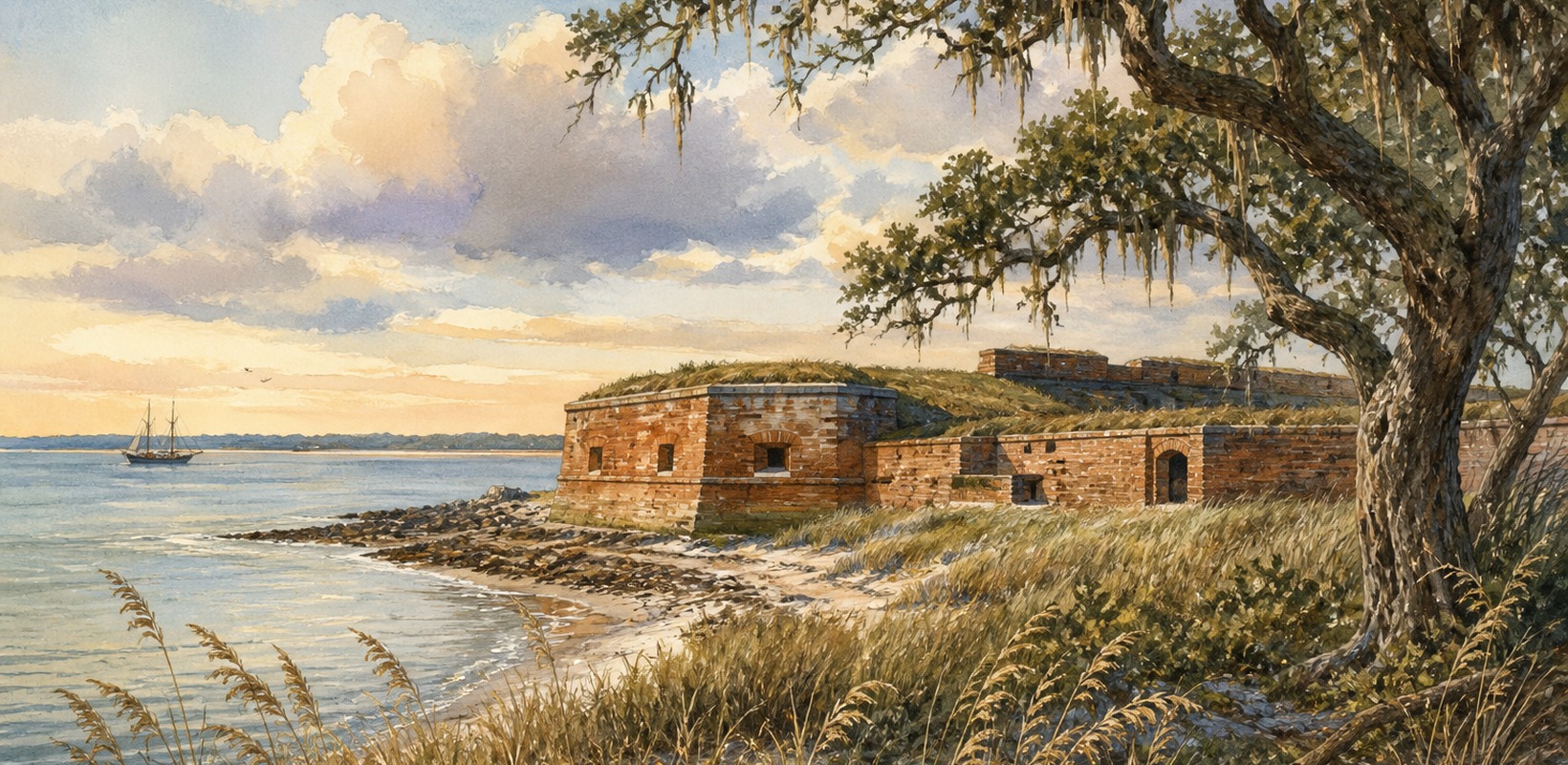 Fort Clinch ramparts, dunes and Cumberland Sound
