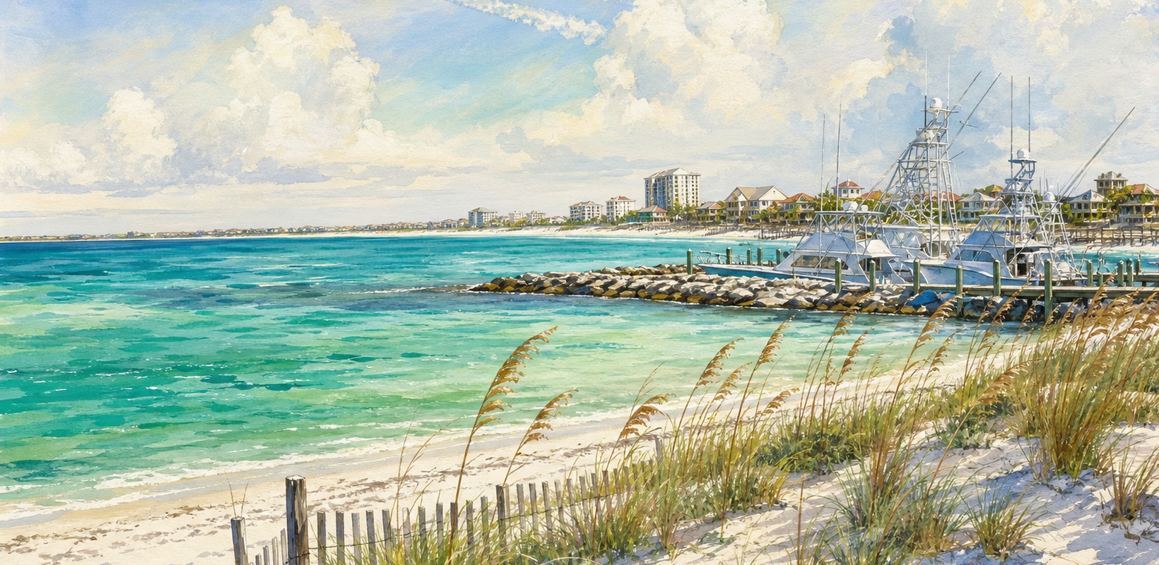 Destin harbor and white-sand shoreline with longleaf pine and distant military aircraft