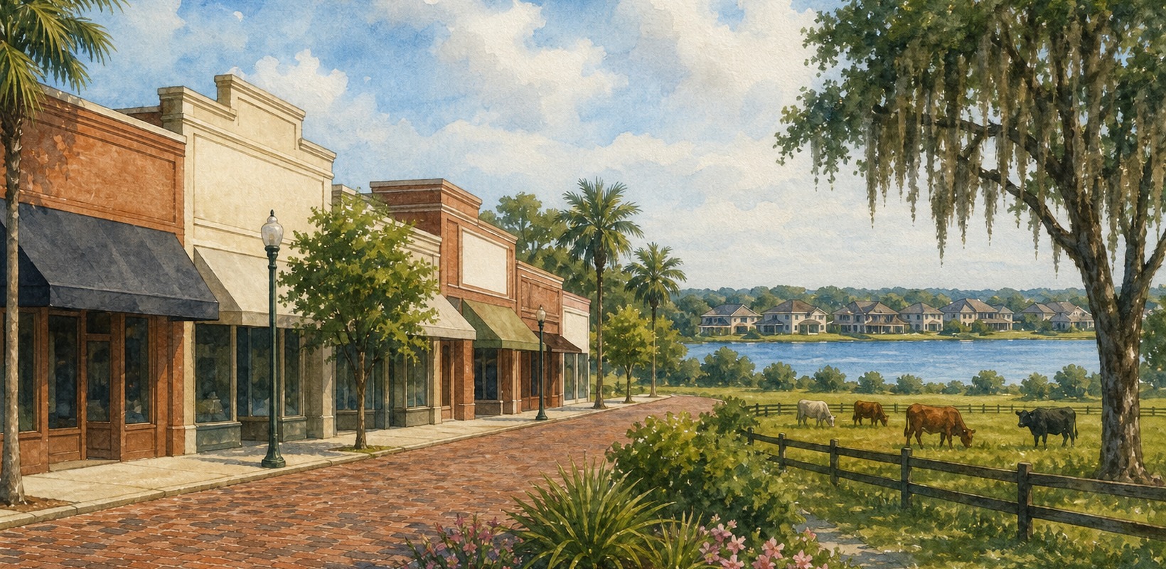 Historic St. Cloud streetscape beside cattle pasture and Lake Tohopekaliga
