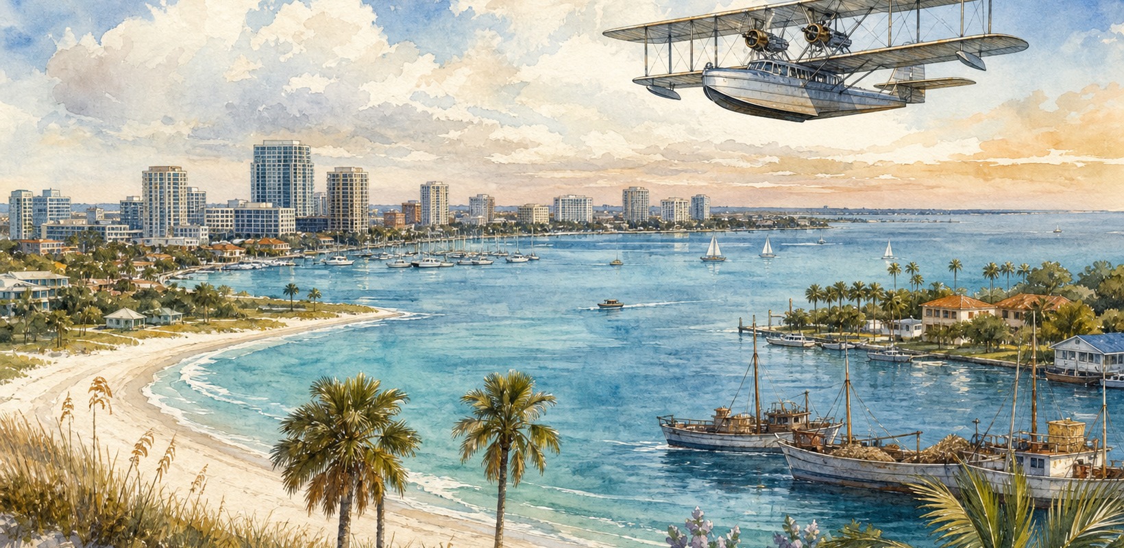 Historic flying boat over Tampa Bay with the modern St. Petersburg waterfront and Gulf beaches