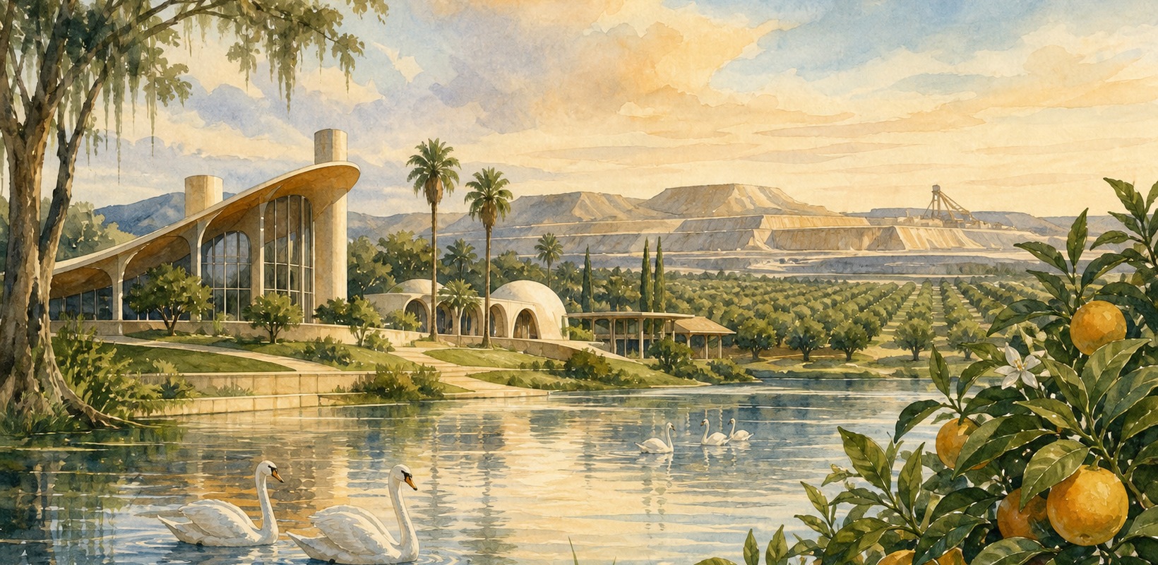 Lakeland lakes and Frank Lloyd Wright-inspired campus forms with citrus groves