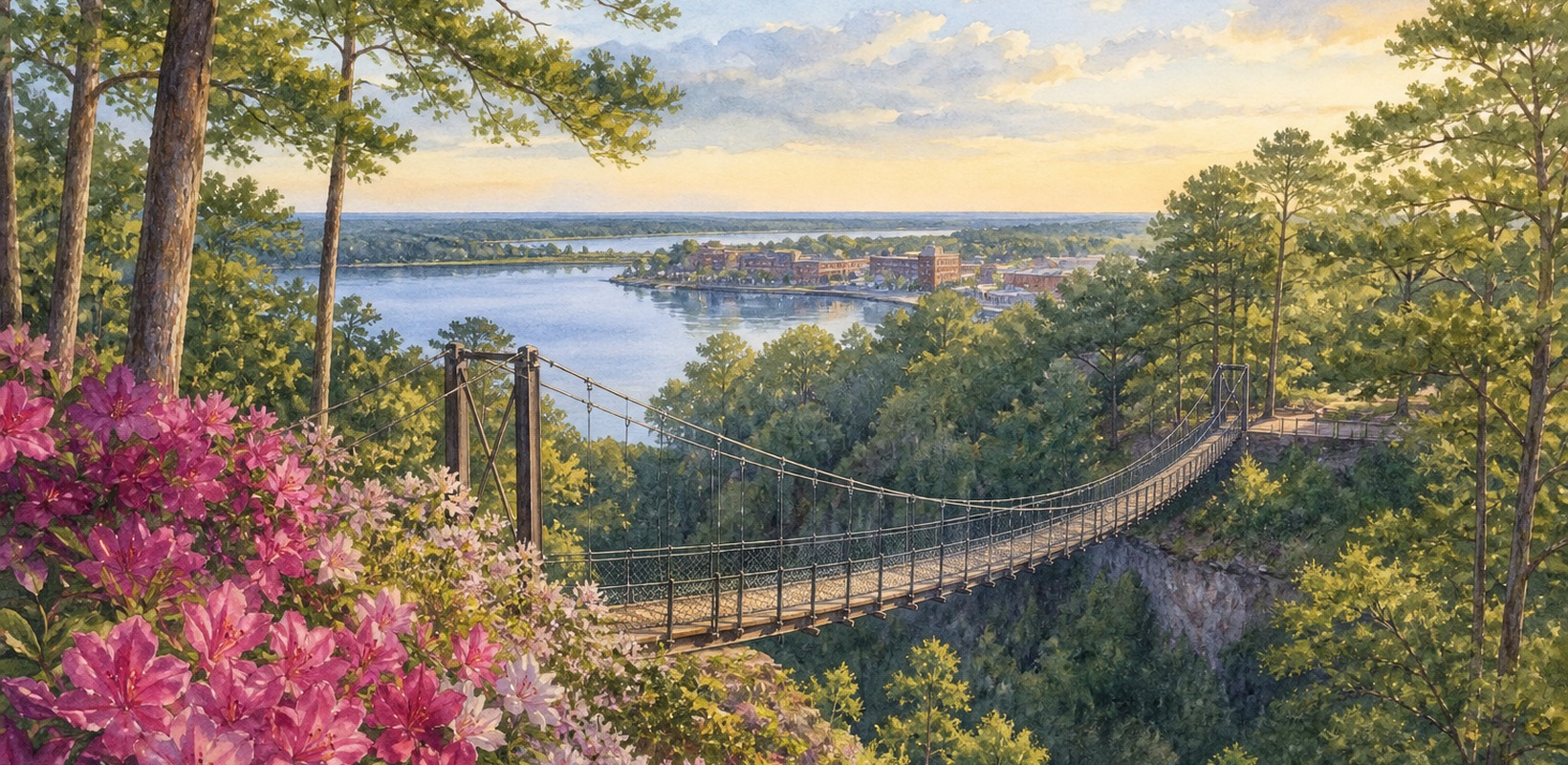 Ravine Gardens suspension bridge, azaleas and the St. Johns River at Palatka