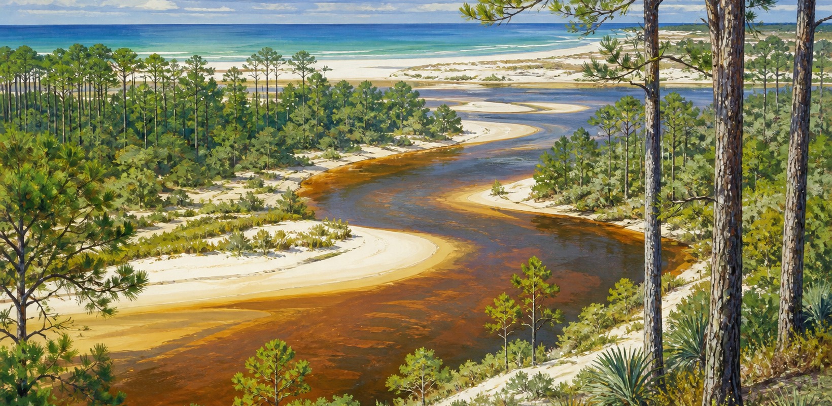 Blackwater River sandbar flowing toward Navarre's Gulf shore