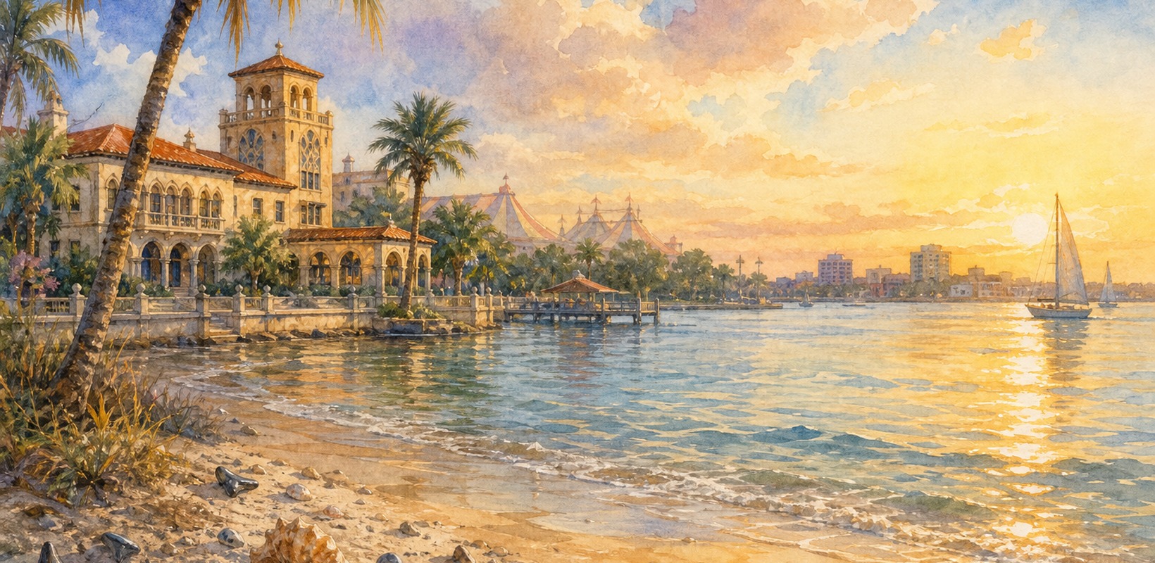 Sarasota bayfront with subtle circus and Gulf Coast motifs
