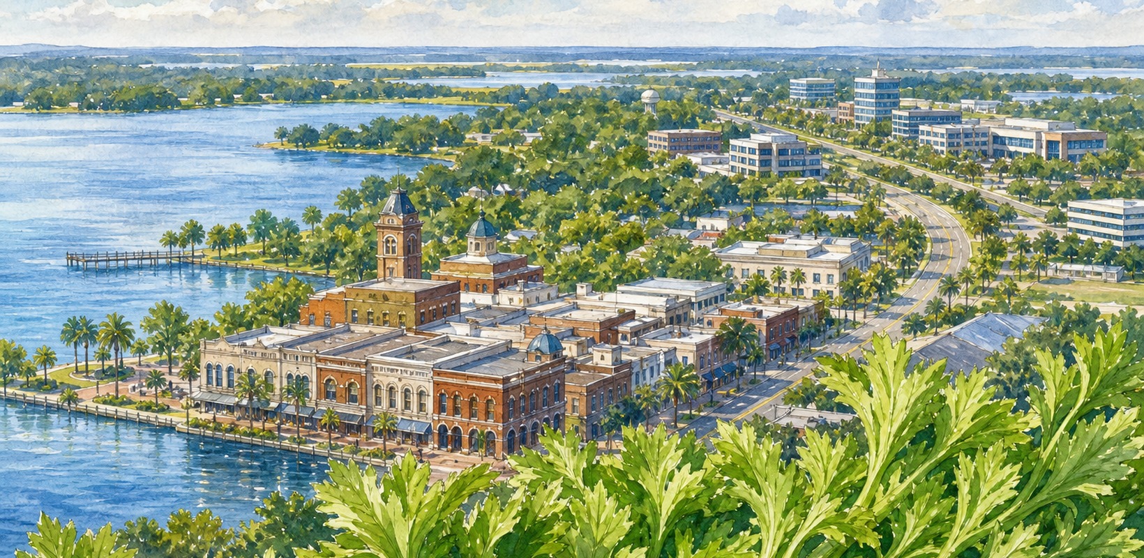 Historic Sanford waterfront with celery-field and modern technology motifs