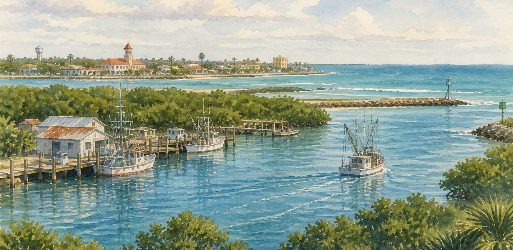 Fort Pierce inlet and Treasure Coast shoreline with a respectful naval-history motif