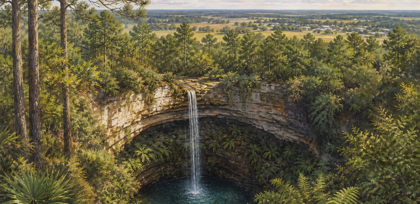 Falling Waters sinkhole waterfall with Washington County pine country