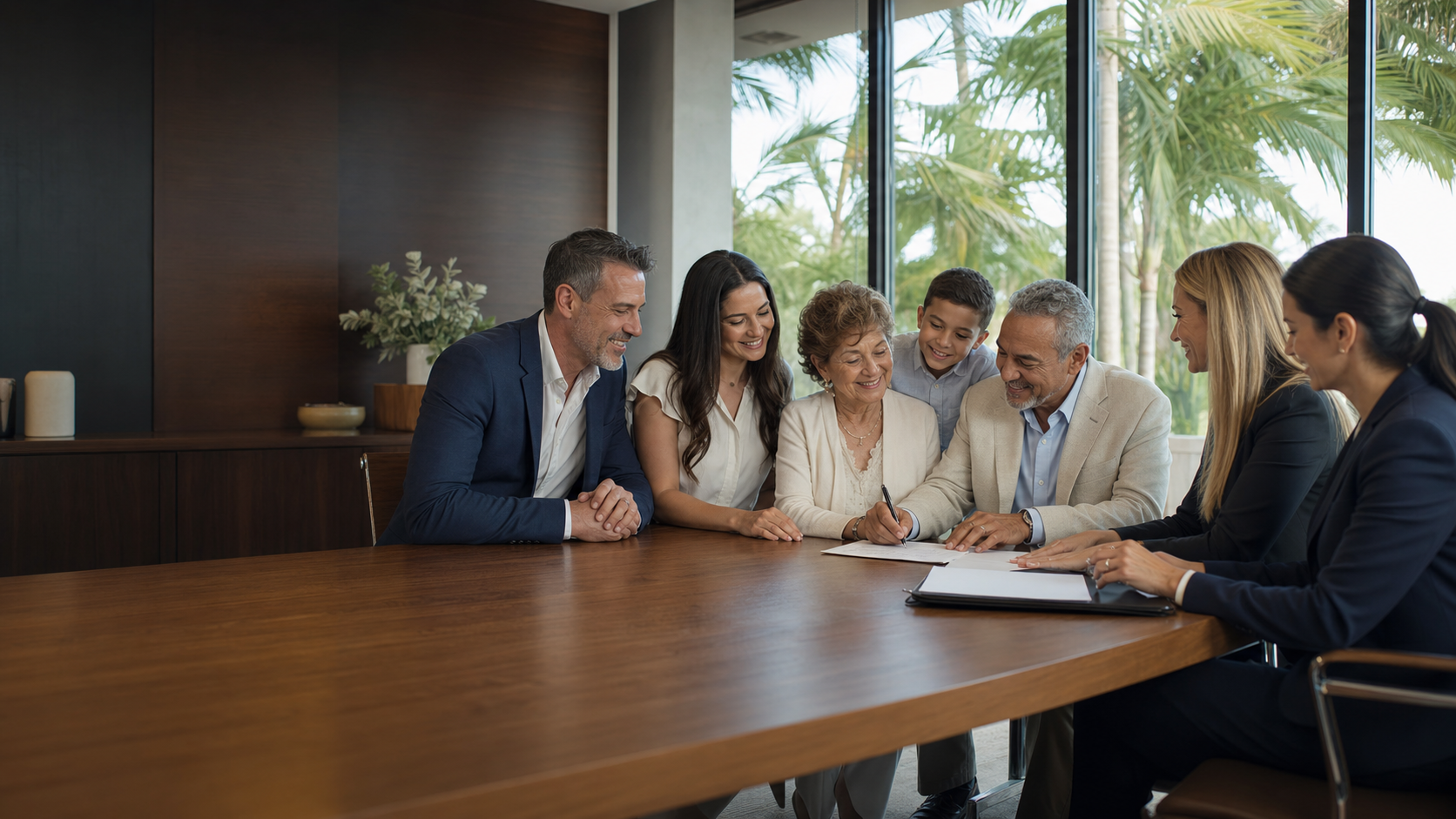 A family completing a real estate closing with their attorney and realtor